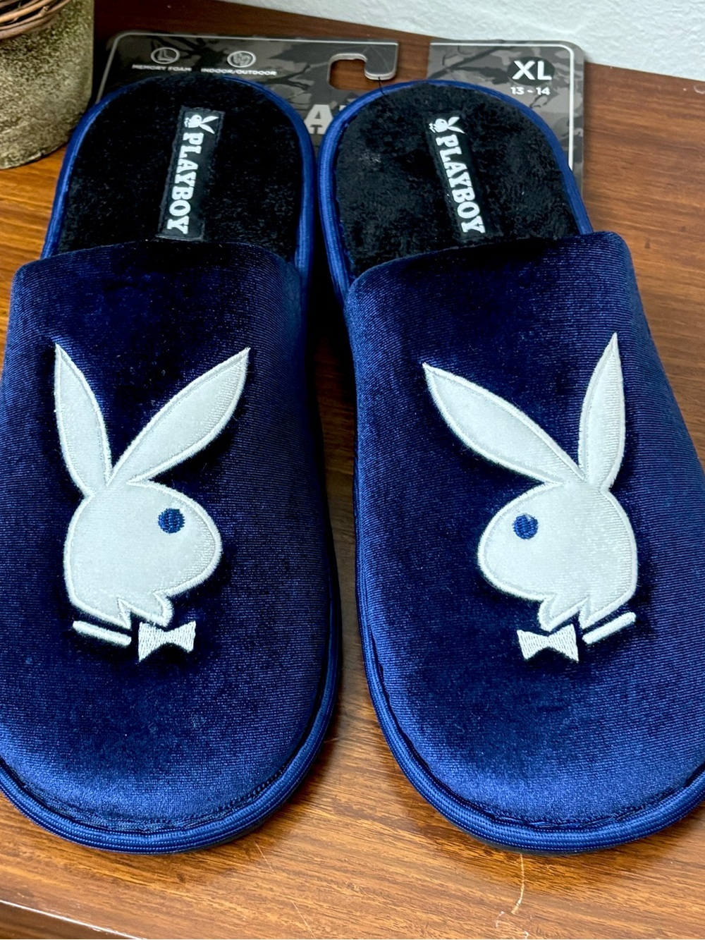 PLAYBOY MEN VELOUR SLIP ON SLIPPERS X 13/14 ROYAL BLUE MEMORY FOAM DAPPER RETRO